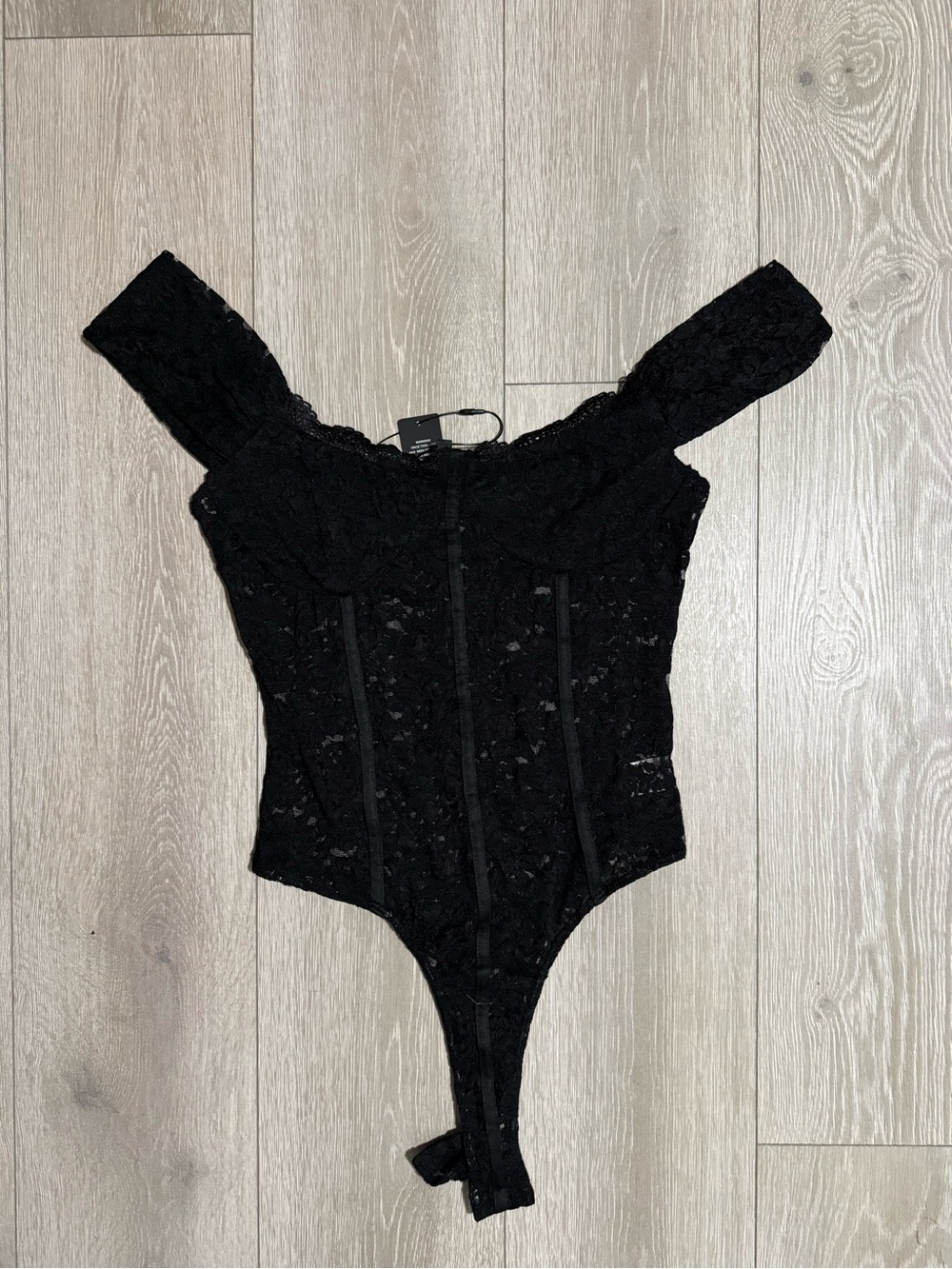 Fashion Nova Black Lace Off-Shoulder Bodysuit